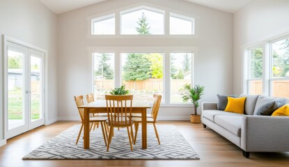 Fototapeta premium Bright and Airy Modern Living Room with Dining Area and Natural Light