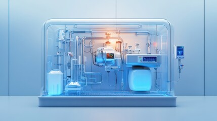 Lab equipment inside glass enclosure, medical research, sterile background