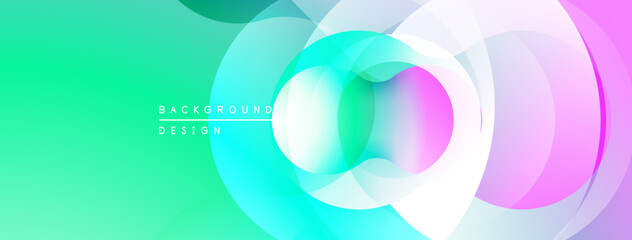 Abstract colorful background. Overlapping circles create dynamic visual effect. Gradient transitions, modern design elements present.