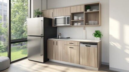 Modern apartment kitchenette, sunlight, green view