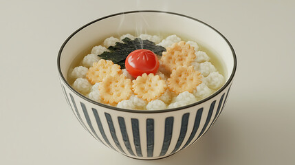 A steaming bowl of Japanese ozoni soup with small mochi rice cakes, seaweed, a red topping, and decorative crackers.
