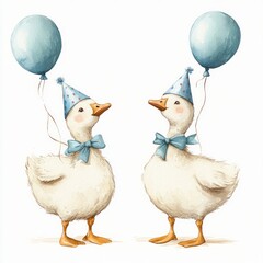 Two cute ducklings wearing blue party hats and matching blue bow ties, each holding a blue balloon, looking joyful and festive against a white background