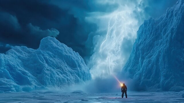 Cinematic frozen lightning storm with laser-eyed hero defying nature - man stops lightning strike against ice wall as mysterious figure watches from snowy peak
