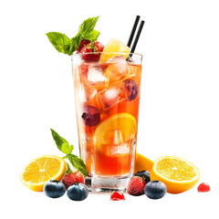 Refreshing fruit cocktail drink ice cubes strawberries blueberries oranges lemon basil garnish