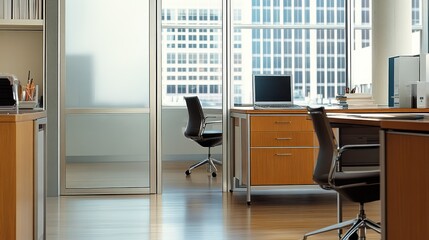Modern office, city view, desks, chairs, teamwork