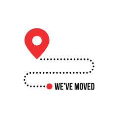 we moved minimal icon with pin. concept of interest land mark like ecommerce delivery or transfer. flat stroke trendy locator logotype graphic art simple design illustration element isolated on white