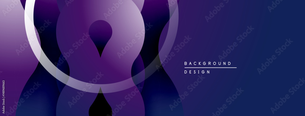 Poster Abstract purple design features overlapping shapes, circles. Gradient shades create depth, modern aesthetic. Minimalist background suitable for various projects.