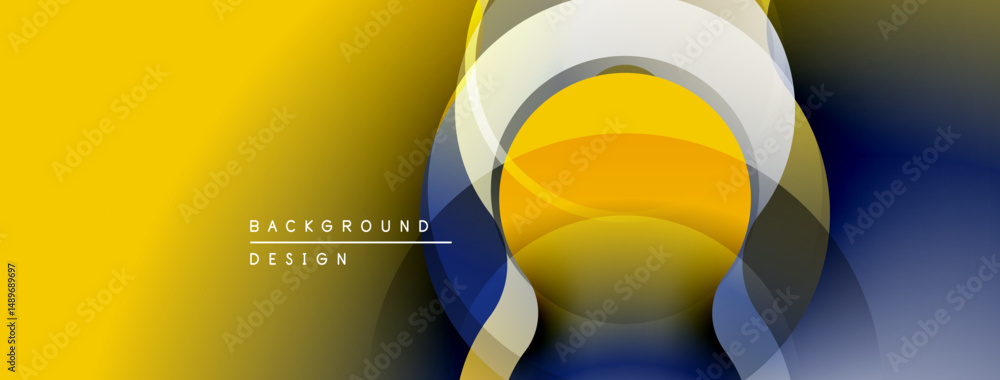 Poster Abstract design features vibrant yellow, blue gradients. Overlapping shapes create dynamic visual effect. Modern, minimalist style.