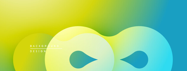 Abstract gradient background. Overlapping circles create dynamic visual effect. Yellow transitions to green, then blue. Modern design element.