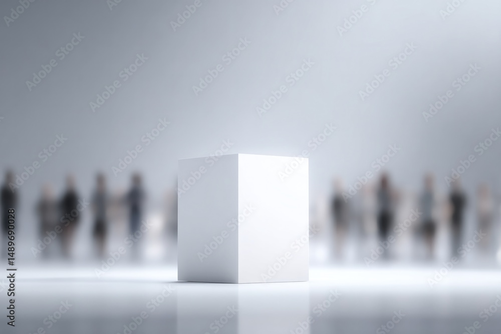 Poster minimalistic stage podium surrounded by blurred figures in background during event