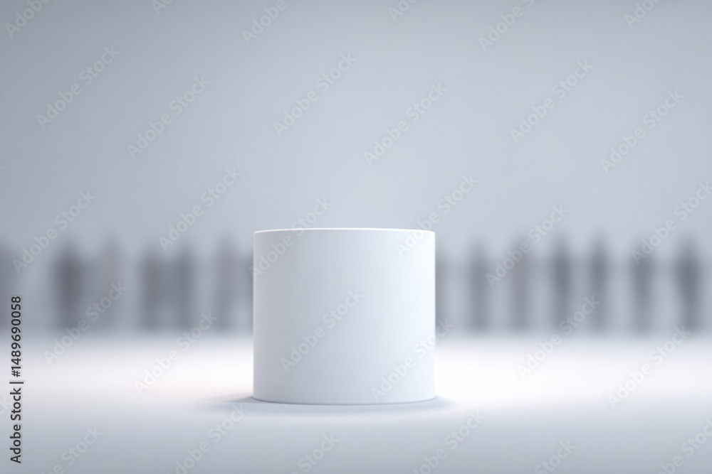 Poster minimalistic stage podium surrounded by blurred figures in background during event
