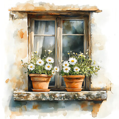Watercolor Cottage Windows with Flower Pots – Rustic Window Box Illustrations