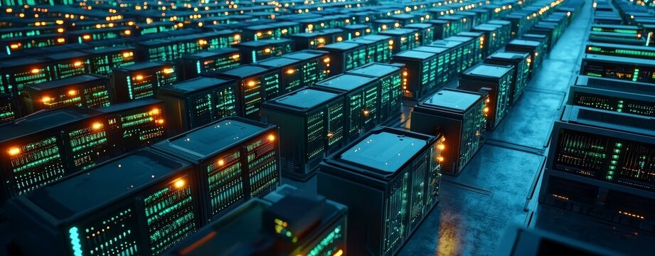 Aerial Perspective of a Massive Data Center with Cyber Connectivity and Digital Visualization