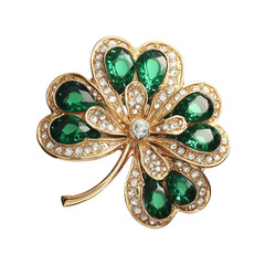 Gold clover brooch adorned with green gems and diamonds a luxurious accessory