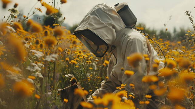 Beekeeper tending to beehive in field of yellow flowers wearing protective suit with bees flying around