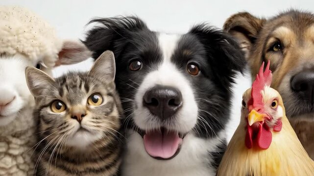 Five cute pets come to the camera: sheep, cat, dogs, chicken. The animals look at the camera happily, huddle together, face the camera exaggeratedly, and all appear in the picture.