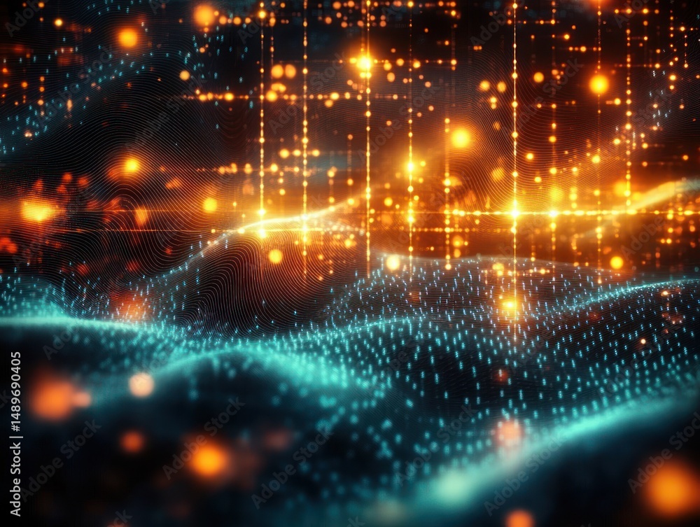 Poster abstract digital landscape with glowing particles and flowing light waves creating a futuristic and 
