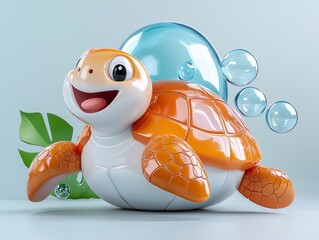 Playful Orange Cartoon Turtle with Bubbles and Tropical Leaf