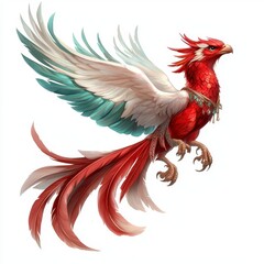 Obraz premium Red And White Phoenix Bird In Flight With Gold Jewelry On White Background