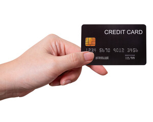 A close-up woman's hand holds a black credit card isolated on white background.