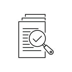 magnifying glass like check assess. scrutiny plan, verify service critique process and annual examination concept. flat style logotype graphic design quality sign or success proven on white background