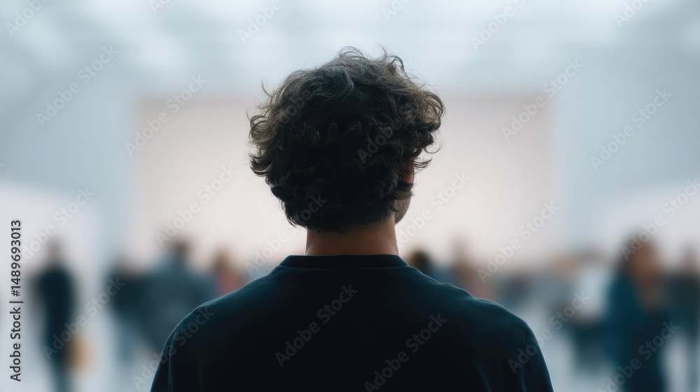 Aufkleber person stands confidently in well-lit event space with blurred crowd mingling in background
