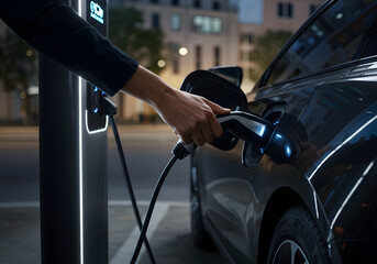 Hand Plugging Charging Cable into Electric Car