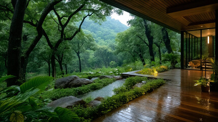 Lush Serenity: An architectural marvel seamlessly blends indoor comfort with the tranquility of the great outdoors. Expansive glass walls provide a window to the verdant forest and serene pond.
