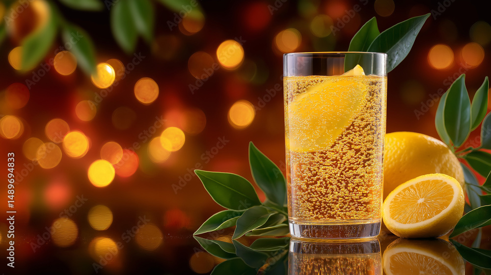 Poster zesty lemonade: a close-up shot of a refreshing, fizzy lemonade with a lemon slice inside a highball