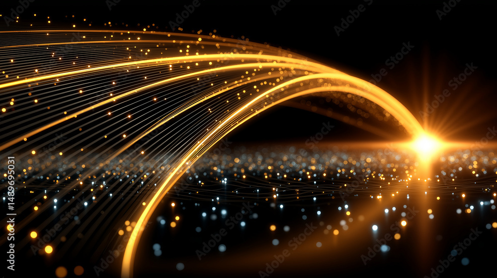 Poster golden stream of light: abstract image of a glowing golden stream of light arching across a dark bac