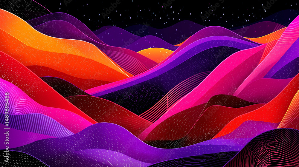 Poster abstract waves of color: a mesmerizing display of undulating waves in vibrant hues, ranging from fie