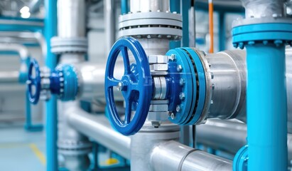 Industrial Valve and Pipe Systems with Blue Accents in Factory Setting