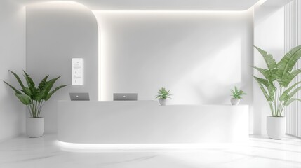 Modern white reception desk, minimalist lobby, sunlight, plants, office
