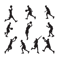Basketball Player Silhouettes Dynamic Dribbling, Shooting & Dunk Action Vector Set