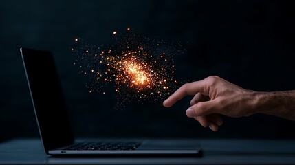 Hand Reaching Out to Glowing Digital Network from Laptop Screen