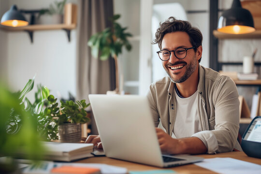 Homme souriant travaillant sur ordinateur portable &agrave; domicile dans un environnement lumineux et chaleureux, ambiance de t&eacute;l&eacute;travail moderne et d&eacute;tendue