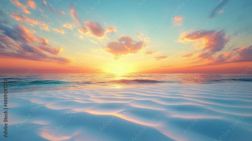 Poster peaceful ocean waves under a colorful sunrise with scattered clouds and soft reflections on water cr