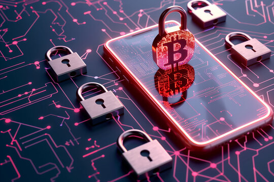 Smartphone entour&eacute; de cadenas avec symbole Bitcoin verrouill&eacute; en surimpression, concept de s&eacute;curit&eacute; des cryptomonnaies et protection mobile