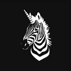 Z&egrave;bre licorne en noir et blanc sur fond noir uni, cr&eacute;ature hybride fantastique au design graphique