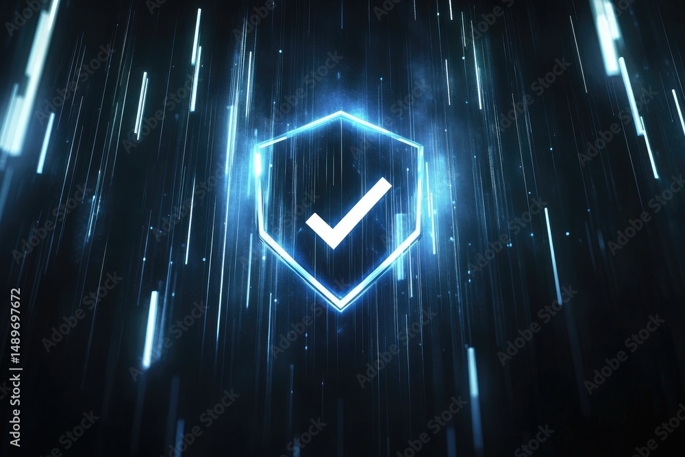 Poster digital shield with checkmark, signifying security and approval. abstract, glowing neon lines