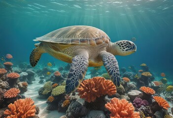 Obraz premium Green sea turtle gracefully swims over vibrant coral reef , reef, ocean life