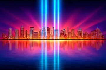 A city skyline illuminated in red, white, and blue in memory of fallen heroes
