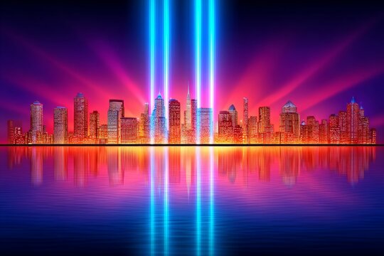 A city skyline illuminated in red, white, and blue in memory of fallen heroes