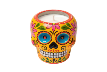 PNG Colorful day of the dead skull candle holder with floral designs