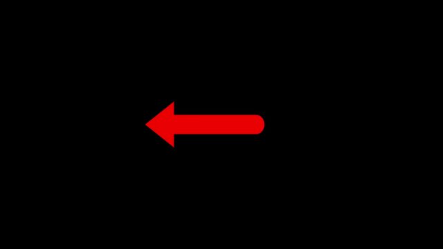 bold red left-pointing arrow on a black background, representing reversal, return, backward navigation, or undo function, commonly used in digital interfaces and graphic design.