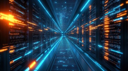 Futuristic data center corridor with glowing blue and orange lights illuminating server racks on both sides creating a high-tech and immersive atmosphere