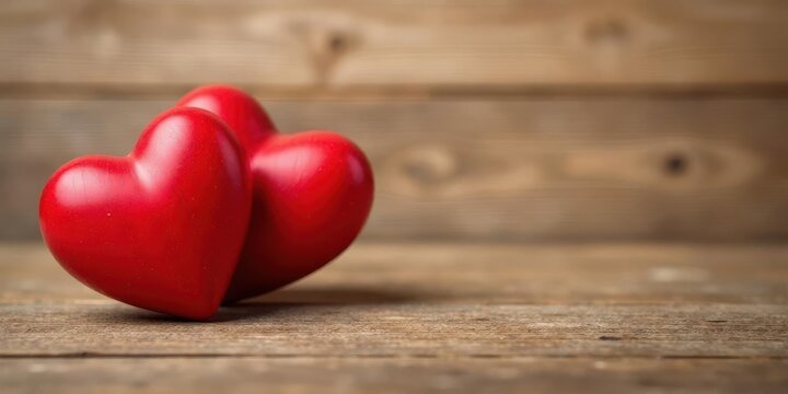 Two vibrant red heart shapes rest gently on a rustic wooden surface, symbolizing affection and togetherness. - Powered by Adobe