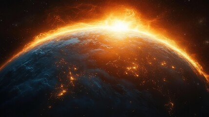 Obraz premium View of a planet partially covered in darkness with glowing city lights and a fiery sunrise on the horizon creating a dramatic and powerful atmosphere