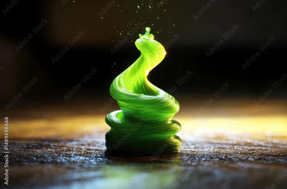 Aufkleber glowing spiraled green abstract shape emitting sparkles on textured surface with dark blurred backgr