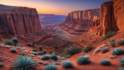 Desert Canyon Vista with Red Rock Formations and Sunset Glow
